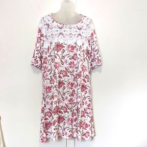 🆕 SUZANNE BETRI Short Sleeve DRESS Pink White flower Modest NEW crewneck